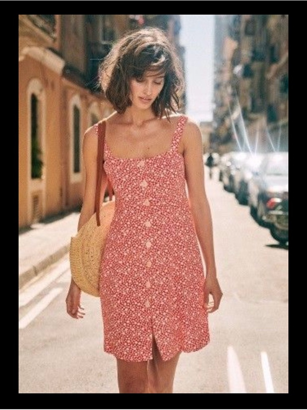 Sezane Red Floral Square-Neck Robe Jade Mini Dress